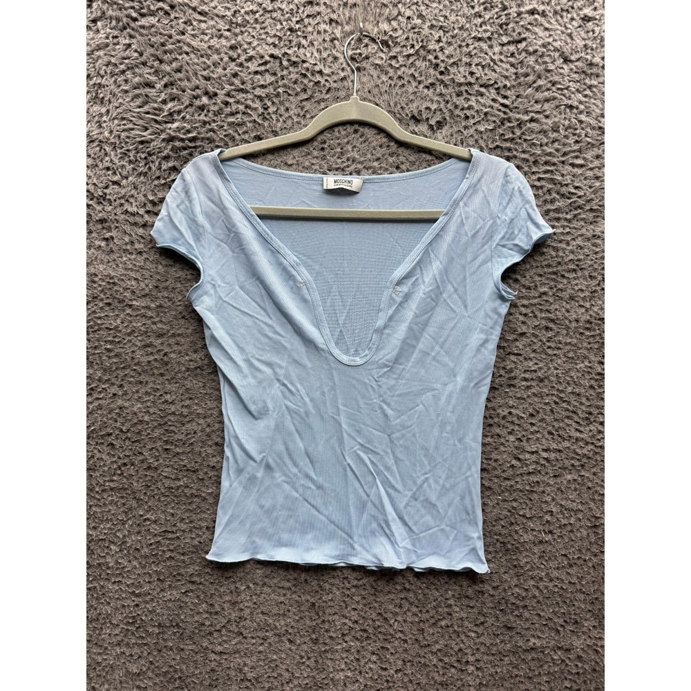 Vintage Moschino Cheap And Chic Short Sleeve Crop Top Light Blue Womens Size 10